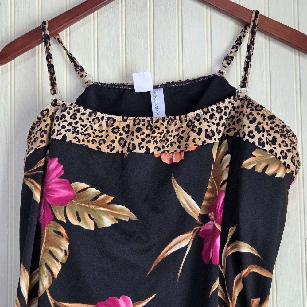 Roaman's Tank Top Womens 24W Black Scoop Neck Sleeveless Floral Leopard Camisole